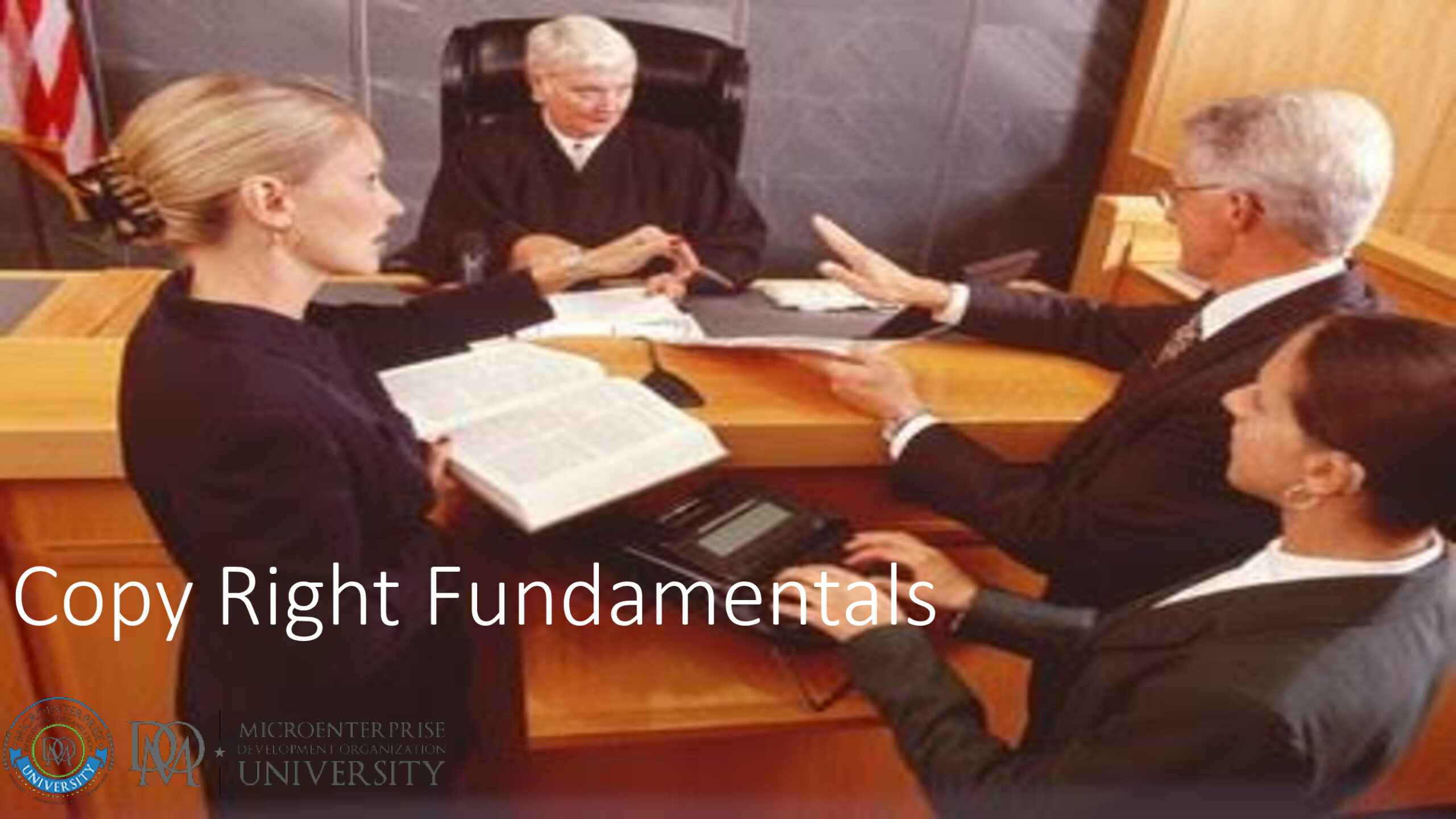 Judge reviewing documents while lawyers present