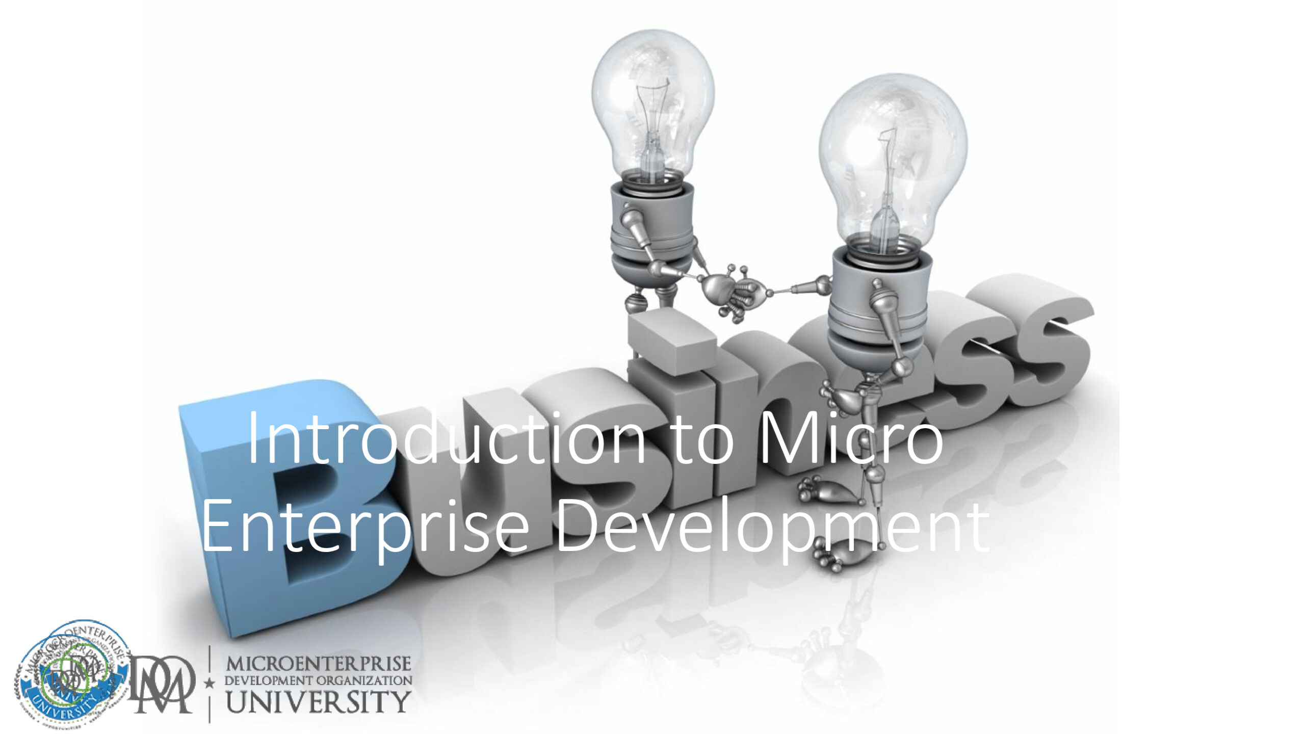Robotic lightbulb figures on Development 3D text