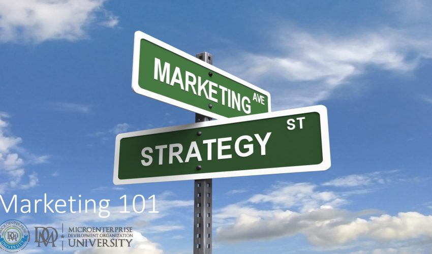 Marketing and strategy street signs against blue sky