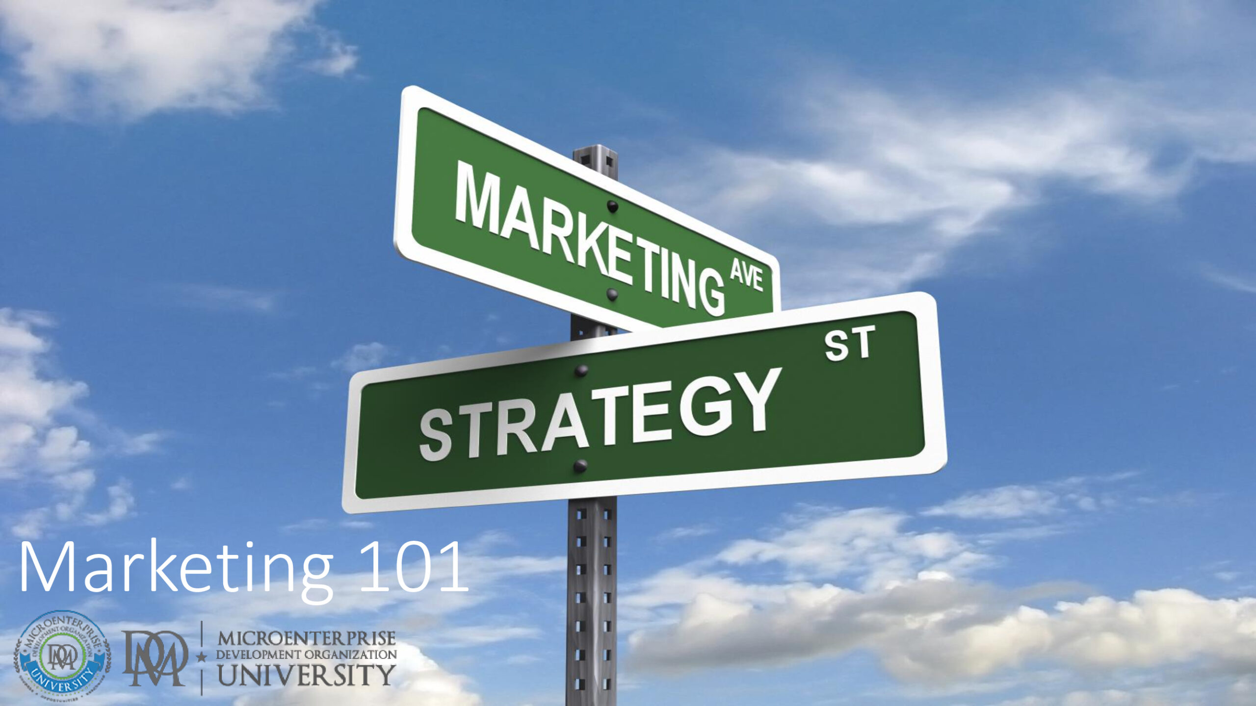 Marketing and strategy street signs against blue sky