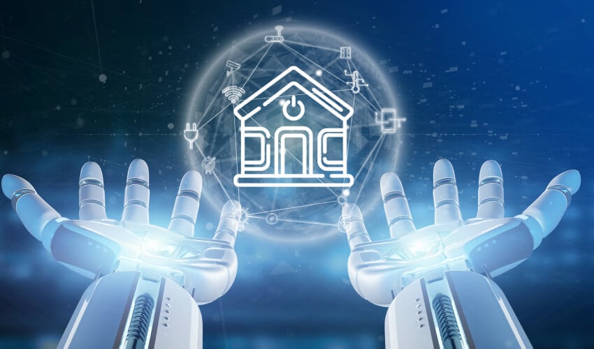 Robotic hands holding digital bank icon