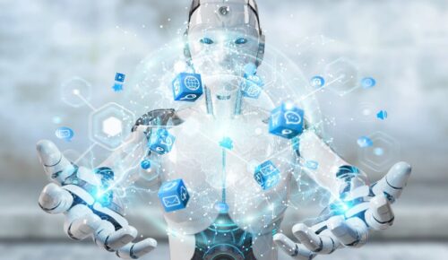 Humanoid robot presenting floating holographic app icons