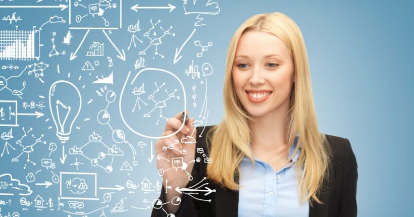 Businesswoman sketching ideas on virtual whiteboard