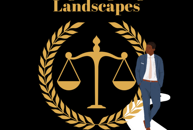 Businessperson beside gold scales of justice