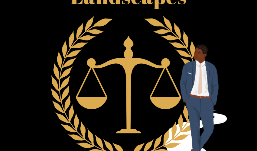 Businessperson beside gold scales of justice