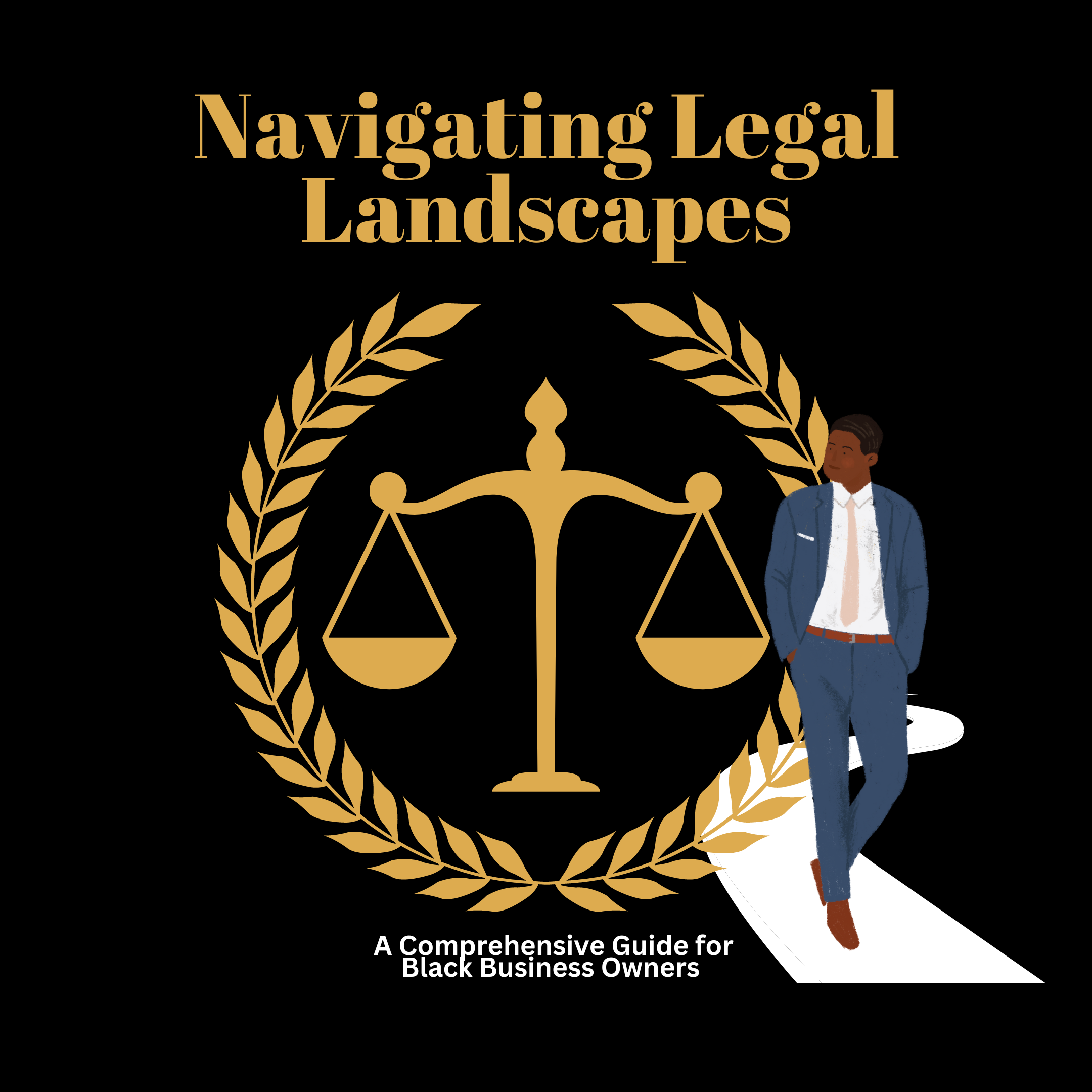 Businessperson beside gold scales of justice