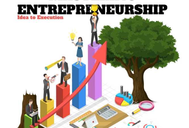 Team on rising bar chart illustrating entrepreneurship growth