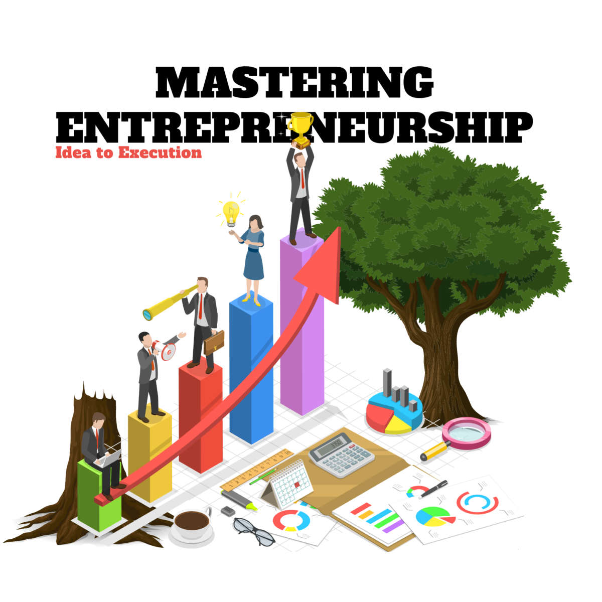 Team on rising bar chart illustrating entrepreneurship growth