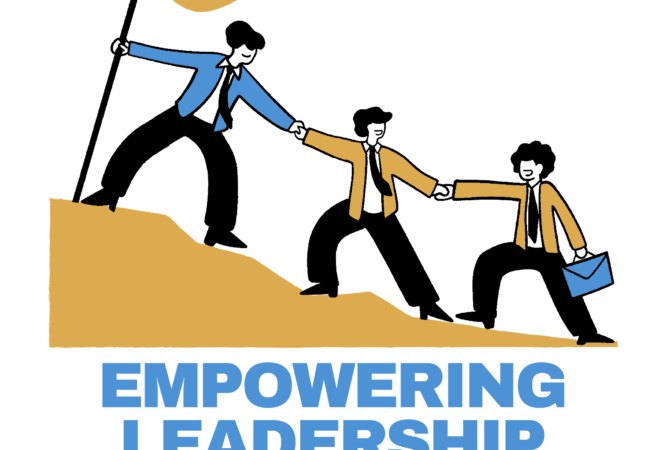 Leaders helping team climb hill with flag