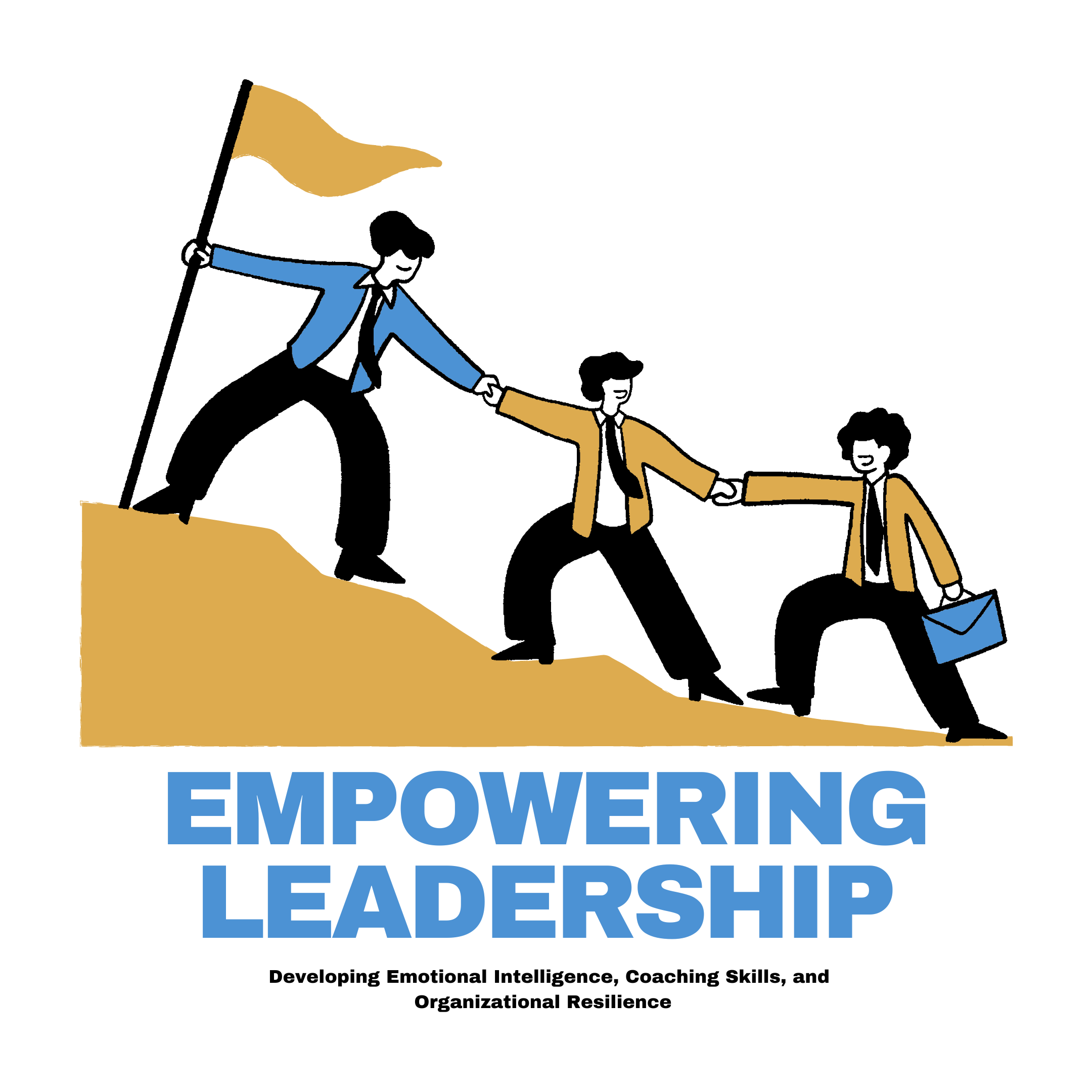Leaders helping team climb hill with flag