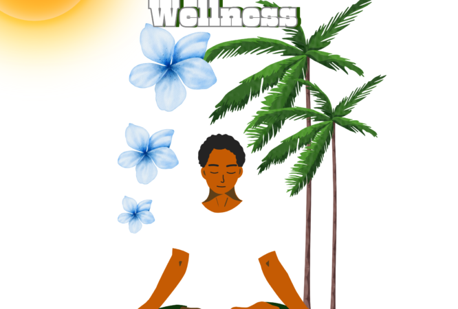 Meditating person for mental wellness under palm trees