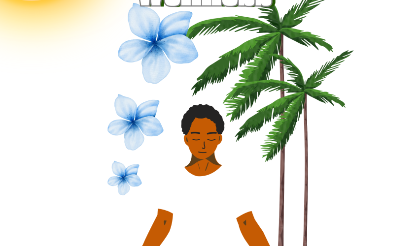 Meditating person for mental wellness under palm trees