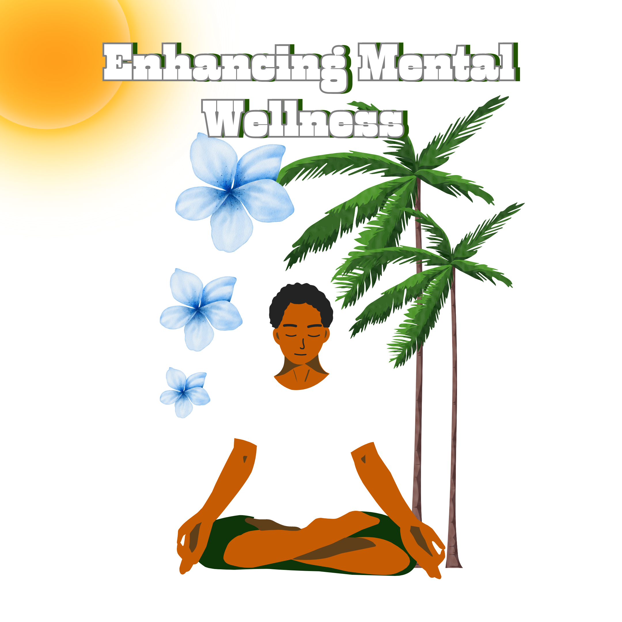 Meditating person for mental wellness under palm trees
