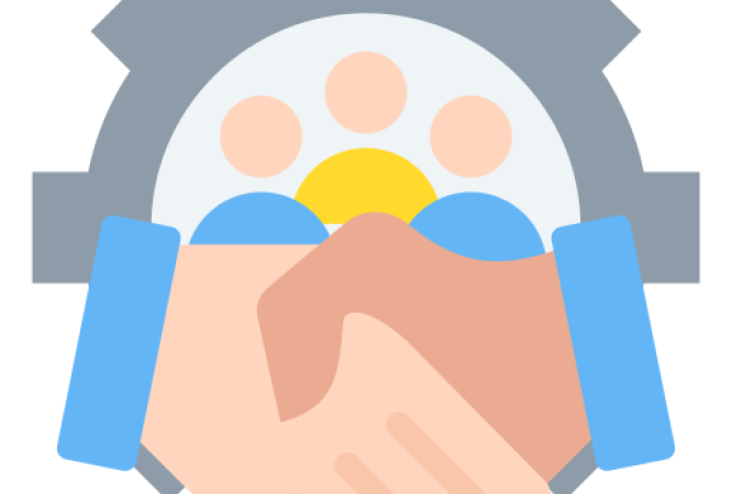 Business handshake with gear and people icons