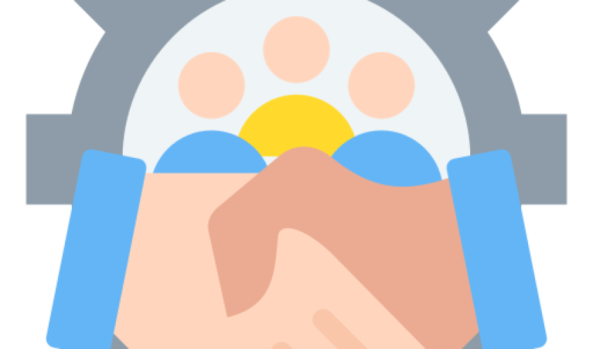 Business handshake with gear and people icons